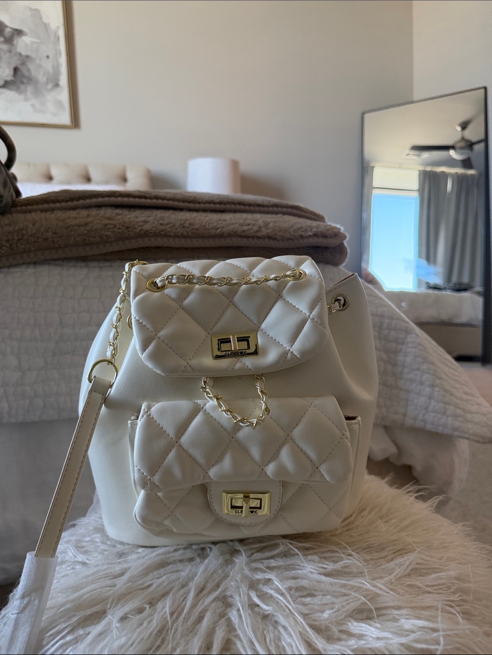 Quilted Faux Leather Drawstring Backpack - White